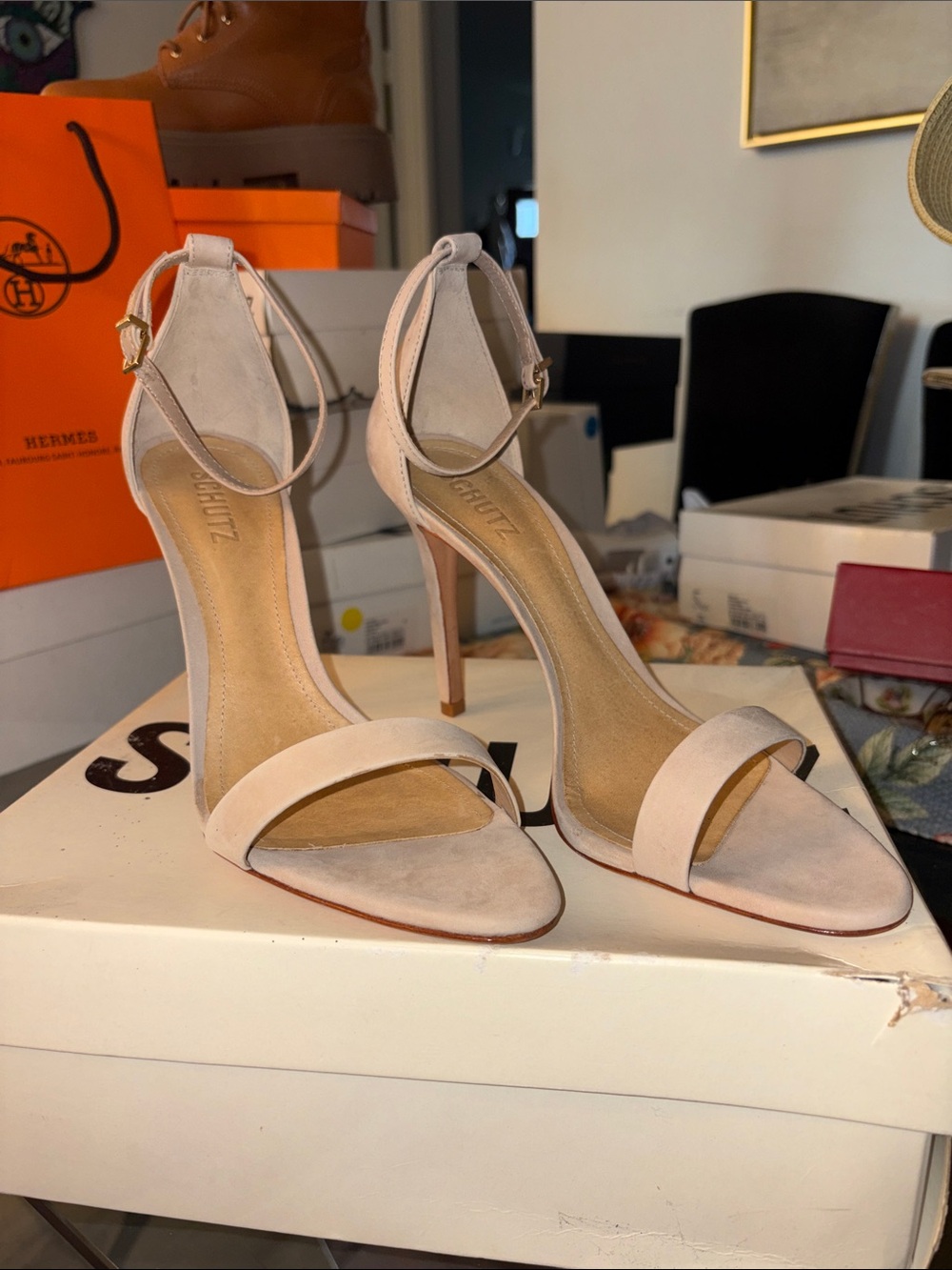 SCHUTZ Blush Suede Ankle-Strap Stiletto Sandals #97